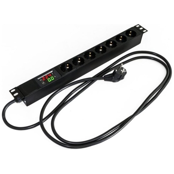 Блок розеток Hyperline для 19" шкафов, горизонтальный, 7розеток Schuko, амперметр/вольтметр, кабель питания 2.5м(3x1.5мм2) с вилкой Schuko 16A, 250В, 482.6x44.4x44.4мм (ШxГxВ), корпус алюминий 412282 Блок розеток Hyperline для 19" шкафов, горизонтальный, 7розеток Schuko, амперметр/вольтметр, кабель питания 2.5м(3x1.5мм2) с вилкой Schuko 16A, 250В, 482.6x44.4x44.4мм (ШxГxВ), корпус алюминий 412282