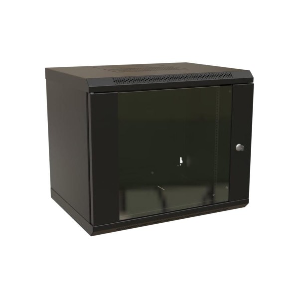 Настенный 19-дюймовый разобранный шкаф WRline WR-TW-1545-GP-RAL9004 (19"), 15U, 775x600x450мм, стеклянная дверь, цвет черный (RAL 9004) 520249