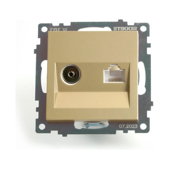 Механизм розетки STEKKER tv + компьютерная rj-45, серия катрин, золото, gls00-7106-08, 49230 Механизм розетки STEKKER tv + компьютерная rj-45, серия катрин, золото, gls00-7106-08, 49230