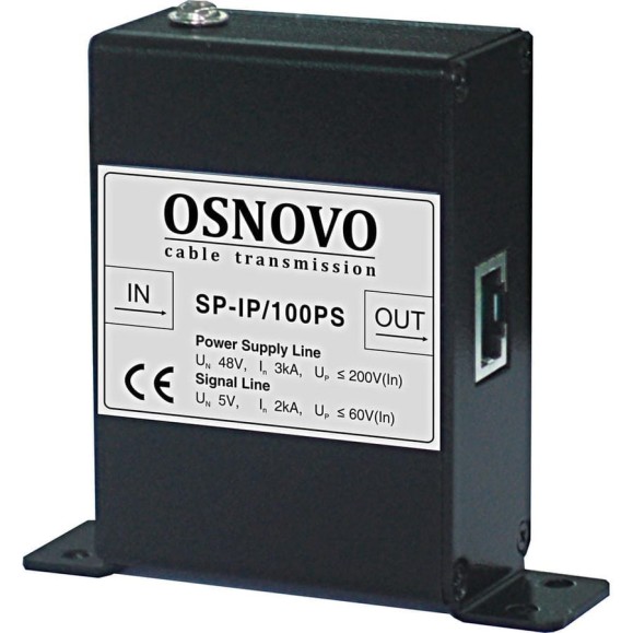 Устройство грозозащиты для локальной вычислительной сети OSNOVO SP-IP/100PS (скорость до 100Мбит/с) с защитой линий PoE (af/at, метод B, контакты 4/5, 7/8), двухступенчатая защита sct1009