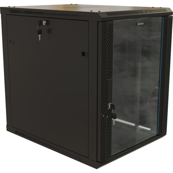 Настенный шкаф Hyperline TWB-2768-GP-RAL9004 19-дюймовый (19"), 27U, 1304x600x800, стеклянная дверь с перфорацией по бокам, ручка с замком, Цвет черный (RAL 9004) (разобранный) 480831