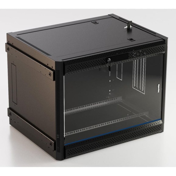 Настенный шкаф Hyperline TWB-FC-1845-GP-RAL9004 19-дюймовый (19"), 18U, 908x600x450, стеклянная дверь с перфорацией по бокам, ручка с замком, с возможностью установки на ножки (в комплекте), Цвет черный (RAL 9004) (разобранный) 395558 Настенный шкаф Hyperline TWB-FC-1845-GP-RAL9004 19-дюймовый (19"), 18U, 908x600x450, стеклянная дверь с перфорацией по бокам, ручка с замком, с возможностью установки на ножки (в комплекте), Цвет черный (RAL 9004) (разобранный) 395558