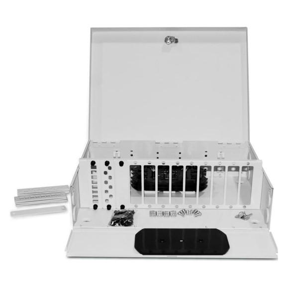 Универсальный настенный оптический бокс Hyperline FO-WBX-12xSLT-W140H42-96UN-GY от 8 до 96 портов (SC, duplex LC, ST, FC), со сплайс пластиной, без пигтейлов и проходных адаптеров, серый 250445 Универсальный настенный оптический бокс Hyperline FO-WBX-12xSLT-W140H42-96UN-GY от 8 до 96 портов (SC, duplex LC, ST, FC), со сплайс пластиной, без пигтейлов и проходных адаптеров, серый 250445