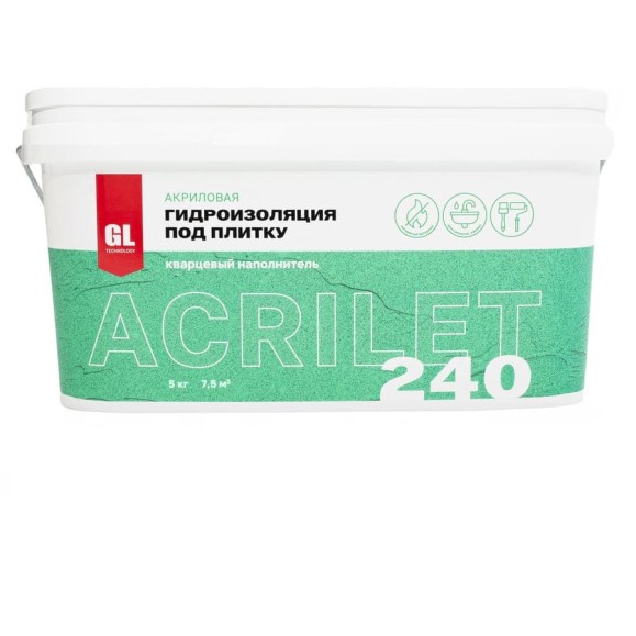 Гидроизоляция под плитку GL Technology ACRILET 240 с кварцевым песком, 5 кг, зеленая А240-5 Гидроизоляция под плитку GL Technology ACRILET 240 с кварцевым песком, 5 кг, зеленая А240-5