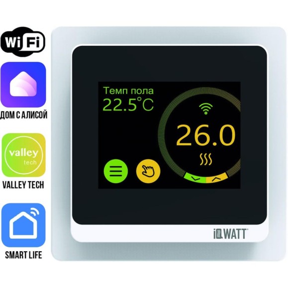Программируемый терморегулятор с цветным сенсорным tft дисплеем smart heat wi-fi и голосовым управлением алиса (белый) IQWATT 400110 Программируемый терморегулятор с цветным сенсорным tft дисплеем smart heat wi-fi и голосовым управлением алиса (белый) IQWATT 400110