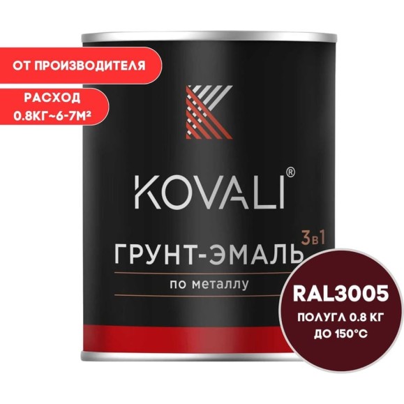 Грунт-эмаль KOVALI 3 в 1 полуглянец винно-красная RAL 3005 0,8кг kov3.1.4С3005 Грунт-эмаль KOVALI 3 в 1 полуглянец винно-красная RAL 3005 0,8кг kov3.1.4С3005