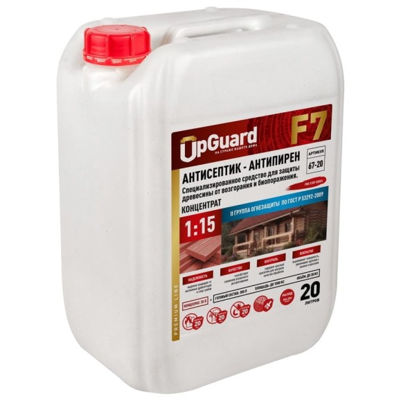 Антисептик-антипирен (ll гр.) для защиты древесины на срок до 20 лет UPGUARD F7 20л, концентрат 1:15 с контролем нанесения 67-20