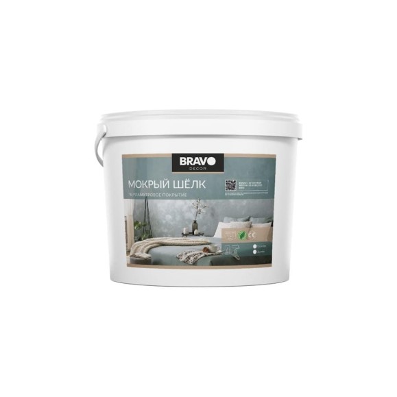 Изящное декоративное покрытие BRAVO DECOR Мокрый шелк золото, с перламутровым эффектом переливающегося шелка, наносится кистью, валиком, кельмой в 2 слоя, 5 кг 18314 Изящное декоративное покрытие BRAVO DECOR Мокрый шелк золото, с перламутровым эффектом переливающегося шелка, наносится кистью, валиком, кельмой в 2 слоя, 5 кг 18314