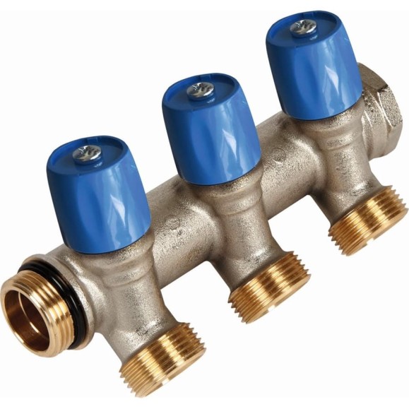 Коллектор Henco VBS с синими вентилями, 1"НР под евроконус, 1" - 3xEK VBS060503-BL