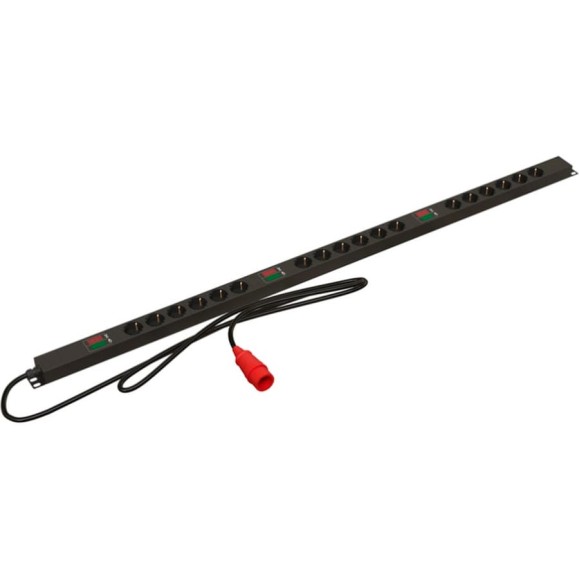 Вертикальный блок розеток Hyperline SHE-18SH-A-3PVR 18 розеток Schuko, амперметр, кабель питания 3м (5x6.0мм2) с вилкой IEC 60309 16А (3P+N+E), 380В, корпус алюминий, черный 455567 Вертикальный блок розеток Hyperline SHE-18SH-A-3PVR 18 розеток Schuko, амперметр, кабель питания 3м (5x6.0мм2) с вилкой IEC 60309 16А (3P+N+E), 380В, корпус алюминий, черный 455567
