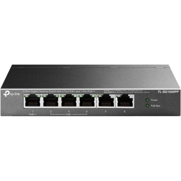 Настольный коммутатор TP-Link с 6 гигабитными портами (3 порта PoE+, 1 порт PoE++) TL-SG1006PP