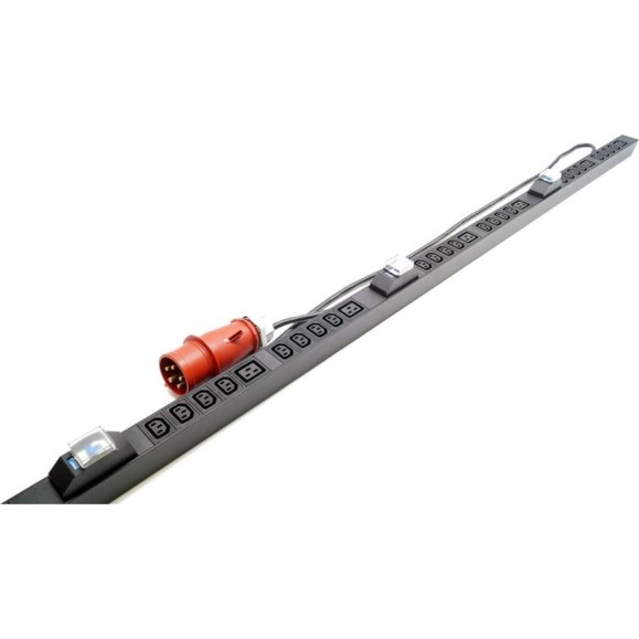 Вертикальный блок розеток Hyperline SHE-24IEC-6bIEC-b-3x32-3PVR 24 розетки IEC320 c13, 6 розеток IEC320 c19, автоматический выключатель, кабель питания 3 м (5x4.0 мм2) с вилкой IEC 60309 32 А (3P+N+E), 380 В, корпус алюминий, черный 525057