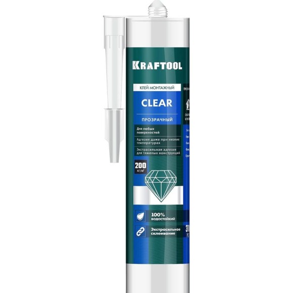 Суперсильный монтажный клей прозрачный KRAFTOOL Clear 310мл 41342 Суперсильный монтажный клей прозрачный KRAFTOOL Clear 310мл 41342