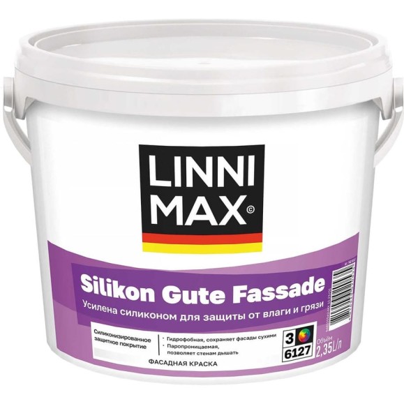 Краска силиконовая модифицированная LINNIMAX Silikon Gute Fassade для наружных работ База 3 2,35л 948105541 Краска силиконовая модифицированная LINNIMAX Silikon Gute Fassade для наружных работ База 3 2,35л 948105541
