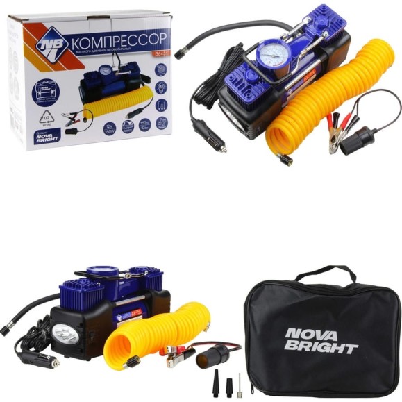 Компрессор Nova Bright АК-75L двухпоршневой, до 50 л/мин, 150 PSI, 12В, металлический корпус, в сумке, LED-фонарь 36451 Компрессор Nova Bright АК-75L двухпоршневой, до 50 л/мин, 150 PSI, 12В, металлический корпус, в сумке, LED-фонарь 36451
