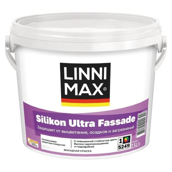 Краска силиконовая для наружных работ LINNIMAX Silikon Ultra Fassade / Силикон Ультра Фасад База 1, 2,5 л 948105496 Краска силиконовая для наружных работ LINNIMAX Silikon Ultra Fassade / Силикон Ультра Фасад База 1, 2,5 л 948105496