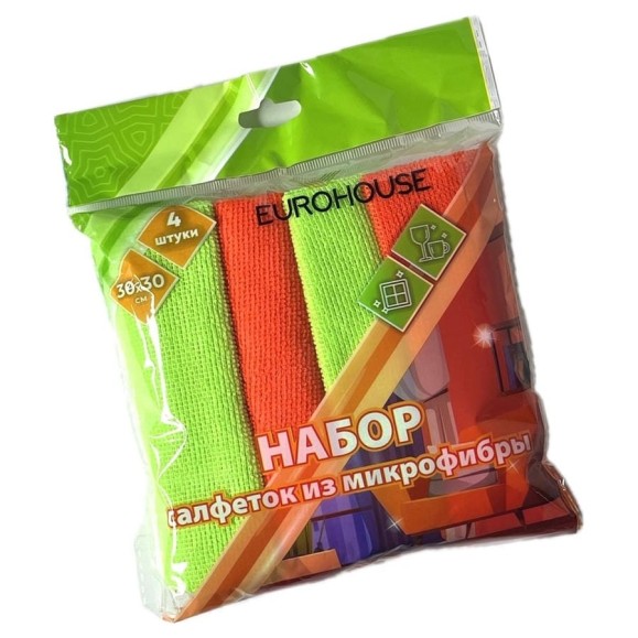 Набор салфеток из микрофибры 30x30см, 4шт, плотность 180гр/м2, 100 полиэстер, лазерная резка, 2 цвета в наборе оранжевый, зеленый EUROHOUSE 16263 Набор салфеток из микрофибры 30x30см, 4шт, плотность 180гр/м2, 100 полиэстер, лазерная резка, 2 цвета в наборе оранжевый, зеленый EUROHOUSE 16263