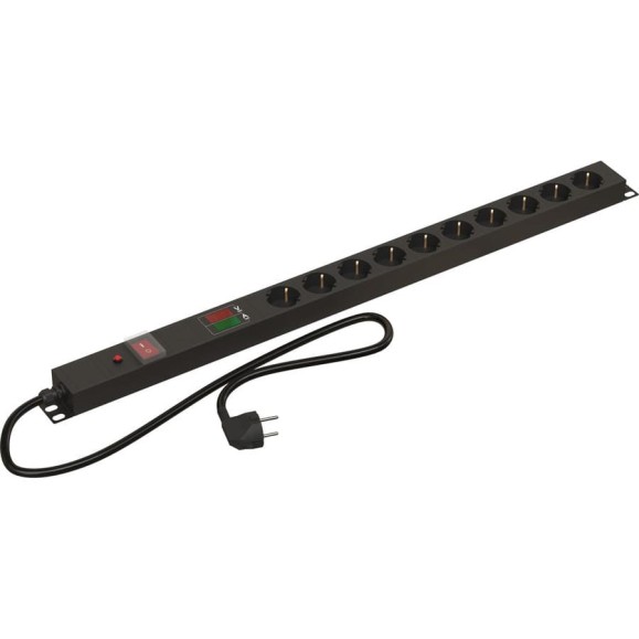 Блок розеток Hyperline SHE-10SH-AV-SF-2.5EU вертикальный, 10 розеток Schuko, амперметр/вольтметр, автомат., защита от перенапряжения, выключатель с подсветкой, кабель питания 2.5 м, с вилкой Schuko 16A, корпус алюминий, черный 486947 Блок розеток Hyperline SHE-10SH-AV-SF-2.5EU вертикальный, 10 розеток Schuko, амперметр/вольтметр, автомат., защита от перенапряжения, выключатель с подсветкой, кабель питания 2.5 м, с вилкой Schuko 16A, корпус алюминий, черный 486947