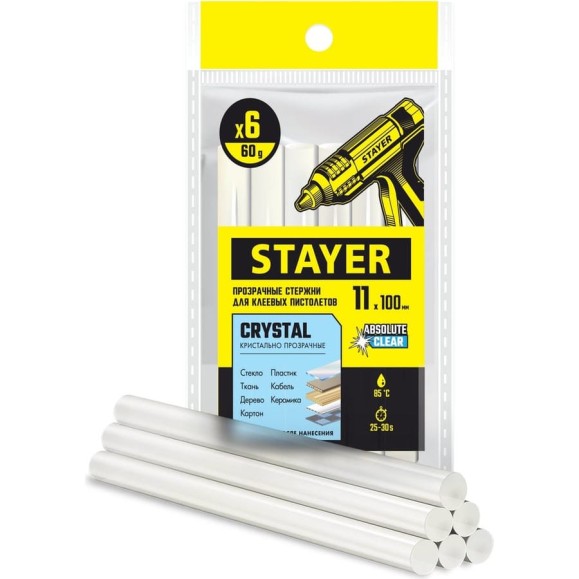 Стержни клеевые прозрачные, универсальные 11х100 мм, 6 шт, STAYER Professional Cristal 0682-H6