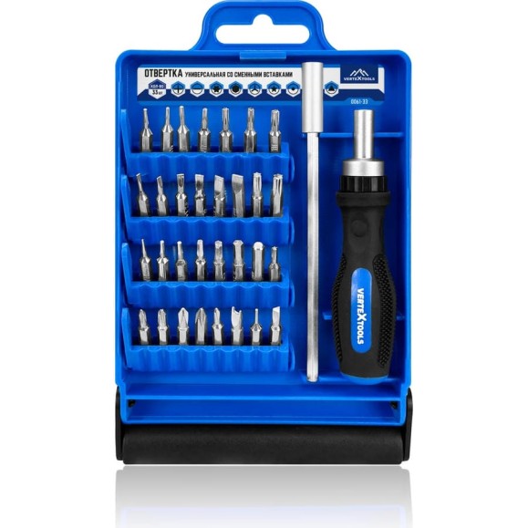 Отвертка универсальная со сменными вставками vertextools 33шт 0061-33 Отвертка универсальная со сменными вставками vertextools 33шт 0061-33