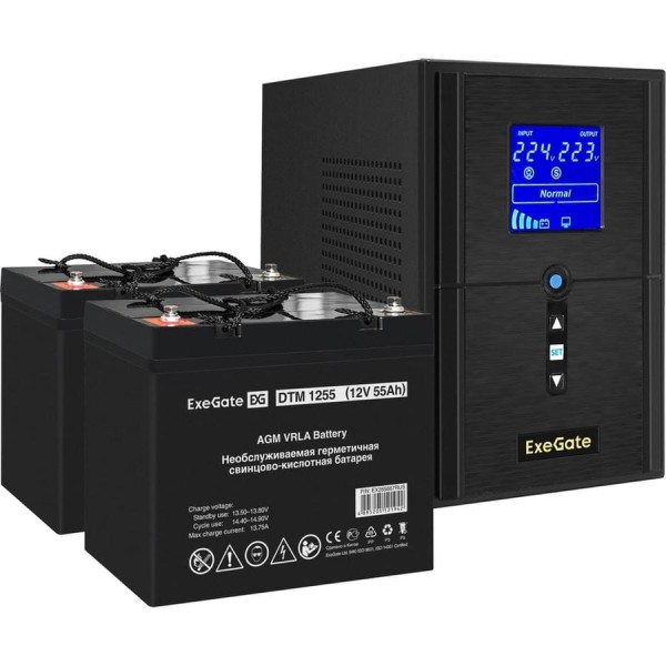 Комплект ИБП ExeGate EX295988RUS+батарея55Aч EX285667RUS 2 шт., инвертор, синус, для котла SineTowerSZ-1500.LCD.AVR.2SH.1C13.USB1500VA1200W, чистая синусоида, LCD дисплей, AVR 296819