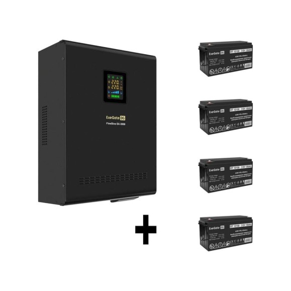 Комплект ИБП ExeGate EX296003RUS+батарея 150Aч EX282990RUS4 штинвертор, синус, для котла, настенный FineSineSX-3000.LCD.AVR.2SH.T3000VA2100W, чистая синусоида, цветной LCD-диспл 296651 Комплект ИБП ExeGate EX296003RUS+батарея 150Aч EX282990RUS4 штинвертор, синус, для котла, настенный FineSineSX-3000.LCD.AVR.2SH.T3000VA2100W, чистая синусоида, цветной LCD-диспл 296651