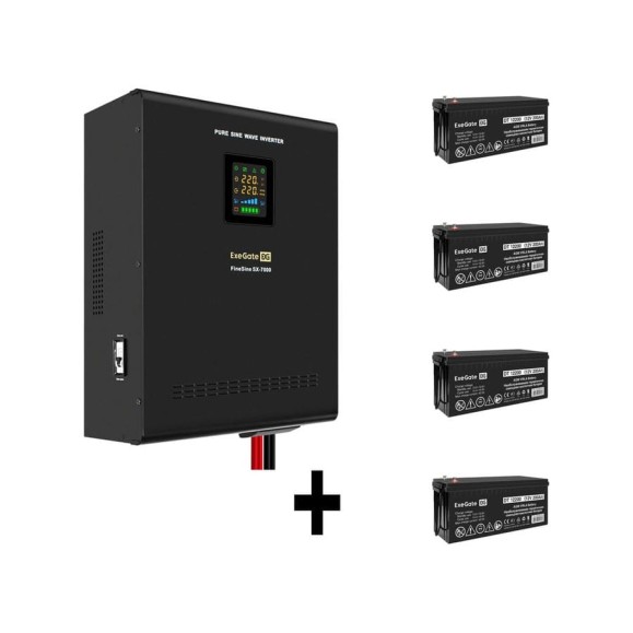 Комплект ИБП ExeGate EX296005RUS+батарея 200Aч EX282991RUS4 штинвертор, синус, для котла, настенный FineSineSX-7000.LCD.AVR.2SH.T7000VA5000W, чистая синусоида, цветной LCD-диспл 296699 Комплект ИБП ExeGate EX296005RUS+батарея 200Aч EX282991RUS4 штинвертор, синус, для котла, настенный FineSineSX-7000.LCD.AVR.2SH.T7000VA5000W, чистая синусоида, цветной LCD-диспл 296699