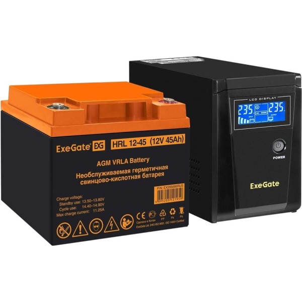 Комплект ИБП ExeGate EX295986RUS+батарея45AчEX285666RUS1шт. инвертор, синус, для котлаSineTowerSZ-600.LCD.AVR.1SH600VA360W, чистая синусоида, LCDдисплей, AVR, 1*Schuko, линейно-интера 296772