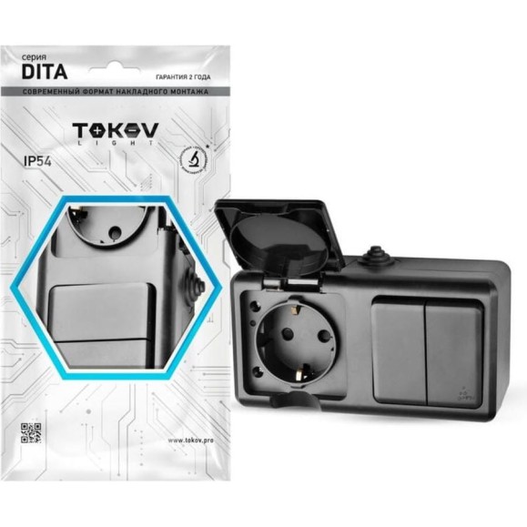 Блок розетка + 2-клавишный выключатель TOKOV ELECTRIC ОП Dita розетка 16А 250В с заземлением + 2-клавишный выключатель 10А, IP54, карбон TKL-DT-V2RZ-C14-IP54