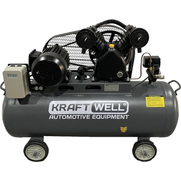 Поршневой компрессор KraftWell 420 л/мин, 10 бар, 100 л, 380В, сеть 380 В, произв-ть 420 л/мин, объем ресивера 100 л, в комплекте KRW-AC420-100L
