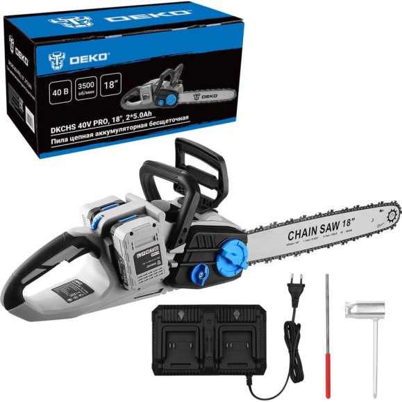 Пила цепная аккумуляторная бесщеточная DEKO DKCHS 40V PRO, 18, 2x20В, 2x5.0Ач, двойное з/у 080-2000 Пила цепная аккумуляторная бесщеточная DEKO DKCHS 40V PRO, 18, 2x20В, 2x5.0Ач, двойное з/у 080-2000