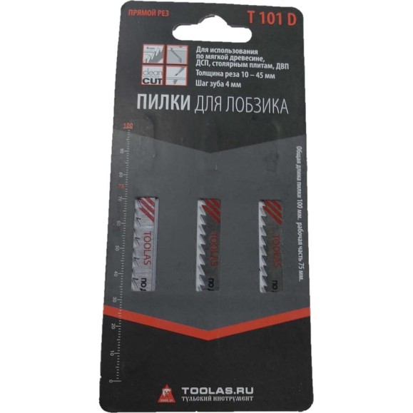 Пилка для лобзика T101D (прямой рез, шаг зуба 4 мм, толщина реза 10 - 45 мм) (для работ по дереву, ДСП, ДВП), 3 шт TOOLAS 00003835 Пилка для лобзика T101D (прямой рез, шаг зуба 4 мм, толщина реза 10 - 45 мм) (для работ по дереву, ДСП, ДВП), 3 шт TOOLAS 00003835