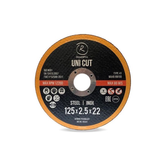 Отрезной круг ROXTOP UNI CUT 125x2.5x22 мм, Т41, нерж. сталь, металл, 50 шт RoxelPro 105347 Отрезной круг ROXTOP UNI CUT 125x2.5x22 мм, Т41, нерж. сталь, металл, 50 шт RoxelPro 105347
