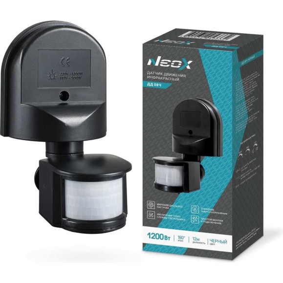 Датчик движения инфракрасный Neox ДД 08Ч 1200Вт 180 гр.12м IP44 черный 4690612053332