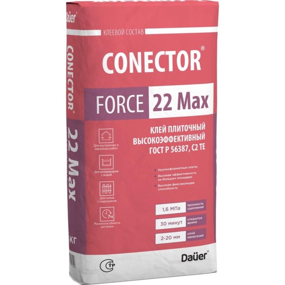 Клей плиточный Dauer CONECTOR FORCE 22 Max высокоэффективный, 25 кг 33113 Клей плиточный Dauer CONECTOR FORCE 22 Max высокоэффективный, 25 кг 33113