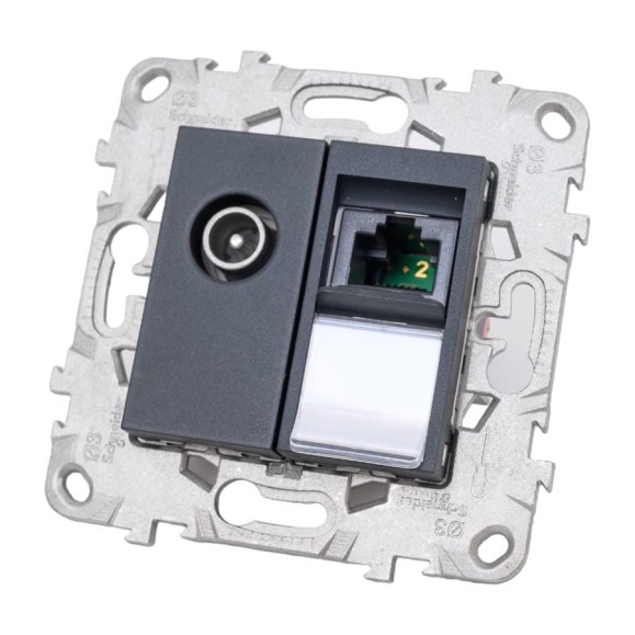 Одиночная TV + компьютерная RJ45 розетка Systeme Electric UNICA NEW категории 6 UTP, 2 модуля NU547054 Одиночная TV + компьютерная RJ45 розетка Systeme Electric UNICA NEW категории 6 UTP, 2 модуля NU547054