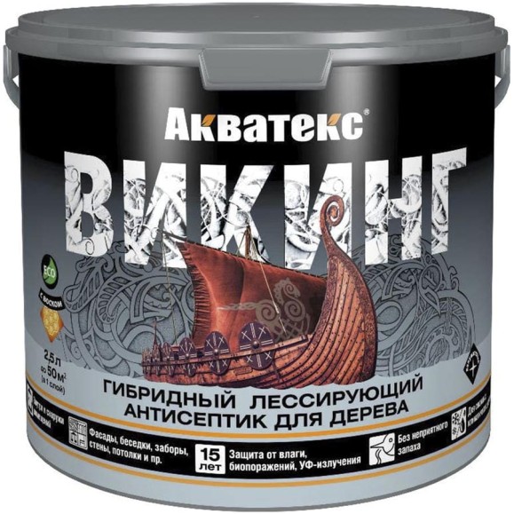 Антисептик для дерева Акватекс Викинг 65084, лессирующий, полуматовый, 2,5 л, дуб 272524