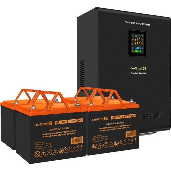 Комплект ExeGate ИБП EX296005RUS + батарея 75Aч EX285653RUS 4шт инвертор, синус, для котла, настенный FineSine SX-7000.LCD.AVR.2SH.T 7000VA/5000W 296689 Комплект ExeGate ИБП EX296005RUS + батарея 75Aч EX285653RUS 4шт инвертор, синус, для котла, настенный FineSine SX-7000.LCD.AVR.2SH.T 7000VA/5000W 296689