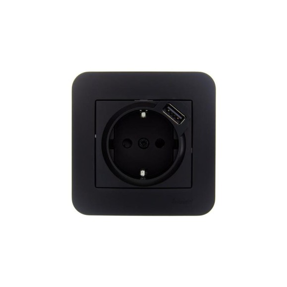 Розетка Lezard ASTI с заземлением + USB разъём чёрный бархат 7081-4242-181