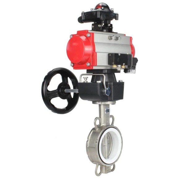 Затвор DN.ru 316L-316L-PTFE Ду300 Ру16 с пневмоприводом, пневмораспределителем, БКВ, дублером D050-13931 Затвор DN.ru 316L-316L-PTFE Ду300 Ру16 с пневмоприводом, пневмораспределителем, БКВ, дублером D050-13931