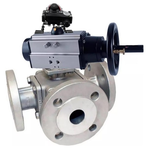 Шаровой кран DN.ru 316-316-PTFE L-тип Ду100 Ру16, пневмопривод, БКВ D160-32810