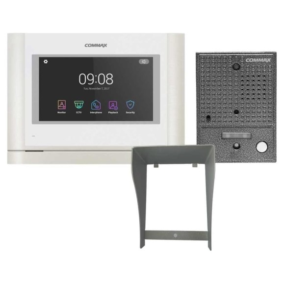 Комплект видеодомофона и вызывной панели COMMAX CDV-70MF(белый)/DRC-4CGN2(серебро)+Козырек