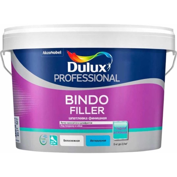 Финишная колеруемая безусадочная шпаклевка DULUX BINDO FILLER под покраску и обои 5 кг 5319758 Финишная колеруемая безусадочная шпаклевка DULUX BINDO FILLER под покраску и обои 5 кг 5319758
