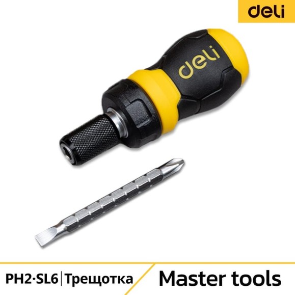 Двухсторонняя отвертка DELI с трещоткой, PH2+SL6 DL626010 (Cr-V, регулируемая длина 110-150мм, диаметр хвостовика 6мм) 98381