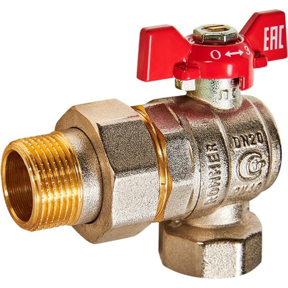 Шаровой кран ROMMER RBV-0006-2610220 неполнопроходной, угловой, с американкой RG00938RJN7385 Шаровой кран ROMMER RBV-0006-2610220 неполнопроходной, угловой, с американкой RG00938RJN7385