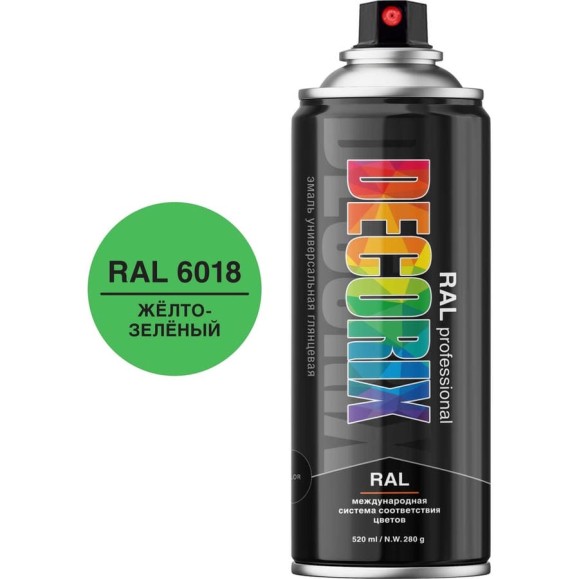 Аэрозольная эмаль Decorix RAL ПРОФЕССИОНАЛЬНАЯ глянцевая жёлто-зелёный RAL 6018 520 мл 0138-6018 DX Аэрозольная эмаль Decorix RAL ПРОФЕССИОНАЛЬНАЯ глянцевая жёлто-зелёный RAL 6018 520 мл 0138-6018 DX