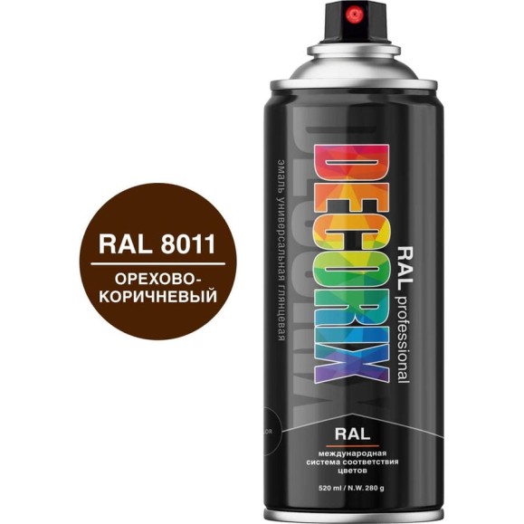 Аэрозольная эмаль Decorix RAL ПРОФЕССИОНАЛЬНАЯ глянцевая орехово-коричневый RAL 8011 520 мл 0138-8011 DX Аэрозольная эмаль Decorix RAL ПРОФЕССИОНАЛЬНАЯ глянцевая орехово-коричневый RAL 8011 520 мл 0138-8011 DX