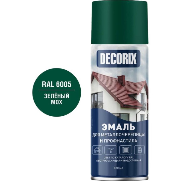 Аэрозольная эмаль для металлочерепицы и профнастила Decorix (акриловая; глянцевая; RAL 6005 зелёный мох; 520 мл) 0137-6005 DX Аэрозольная эмаль для металлочерепицы и профнастила Decorix (акриловая; глянцевая; RAL 6005 зелёный мох; 520 мл) 0137-6005 DX