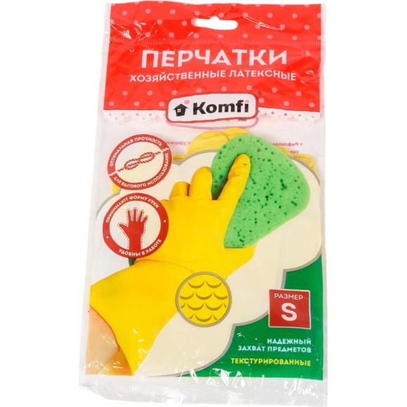 Хозяйственные латексные перчатки Komfi без х/б напыления, S, желтые 126930 Хозяйственные латексные перчатки Komfi без х/б напыления, S, желтые 126930