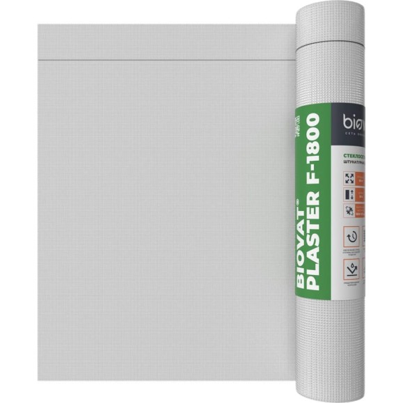 Сетка стеклотканевая фасадная BIOVAT ® PLASTER F-1800 4.5x4.5 мм, 160 г/м2, 1x50 м BV045 Сетка стеклотканевая фасадная BIOVAT ® PLASTER F-1800 4.5x4.5 мм, 160 г/м2, 1x50 м BV045